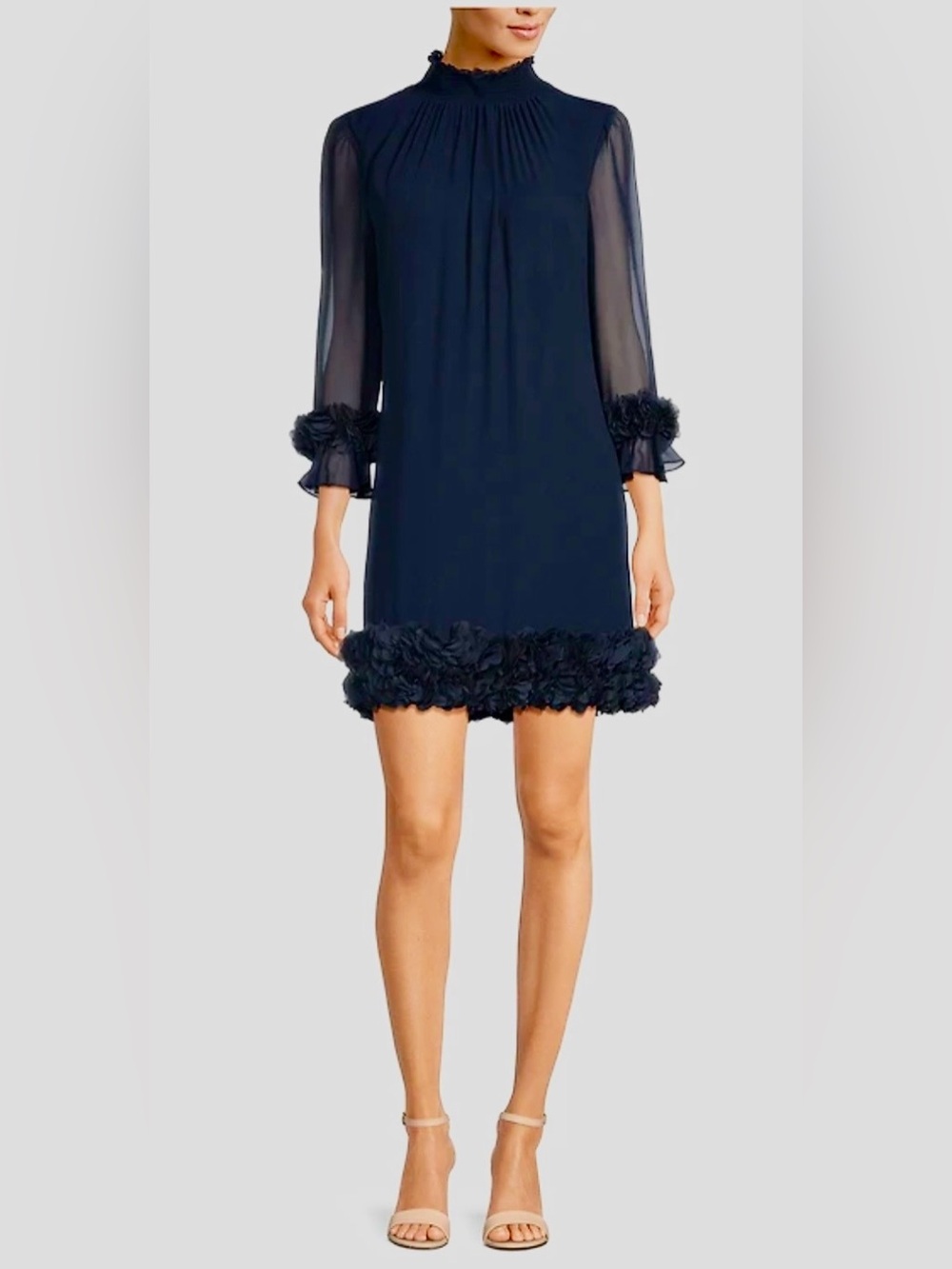 Alex Marie Navy Ruffle-Hem Sheer-Sleeve Mini Dress